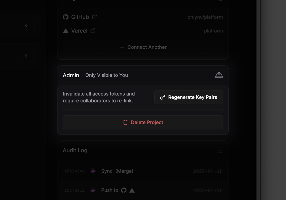 A dark-themed admin interface for a project settings page. The "Admin" section, marked as "Only Visible to You", provides options to manage project access. Users can invalidate all access tokens
and force collaborators to re-link by clicking the "🔑 Regenerate Key Pairs" button. Below that, there's a red "🗑 Delete Project"
button.